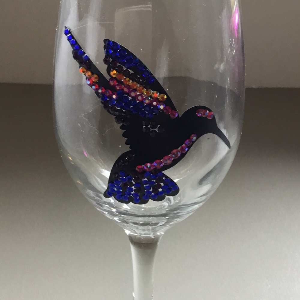 Rhinestone hummingbird wine glass